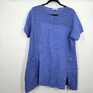 100% Lin Blanc Linen Shirt Womens 56 Asymmetrical Hem Lagenlook Italy XXL Blue
